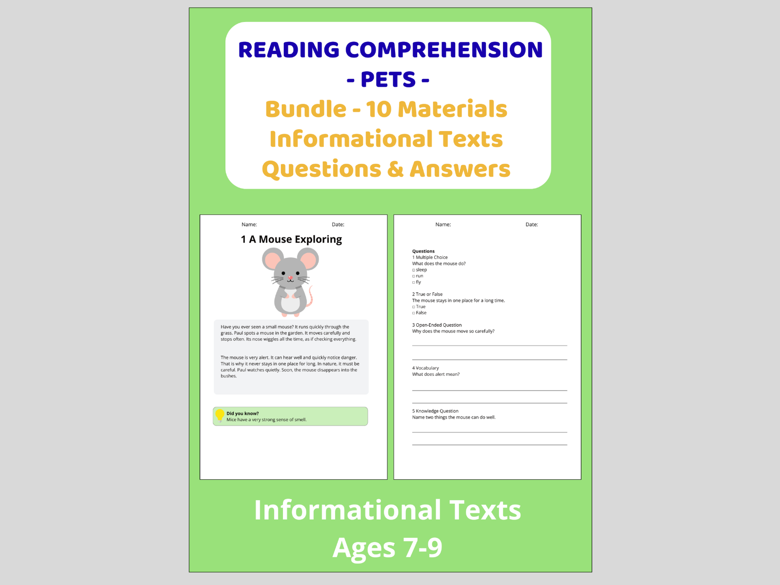 Reading Comprehension Pets - Bundle 10 Materials Informational Texts