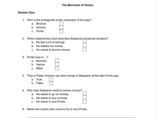 The Merchant of Venice Differentiated Comprehension Questions SEN