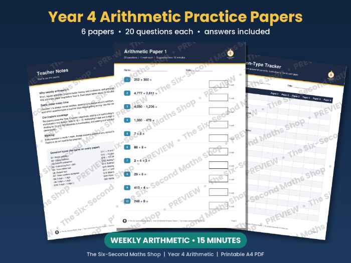 Year 4 Arithmetic Practice Papers | 6 Weekly Tests, 20 Questions, Answers