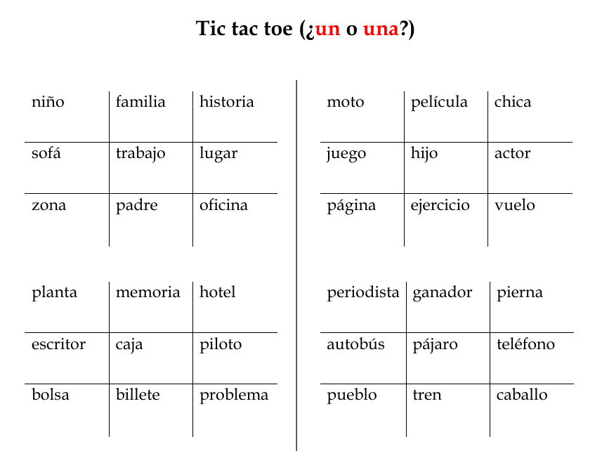 Tic Tac Toe Spanish Indefinite Articles Worksheet | Artículos Indefinidos