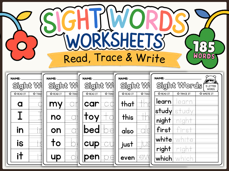 Sight Words Worksheets | Read, Trace & Write | 185 Words