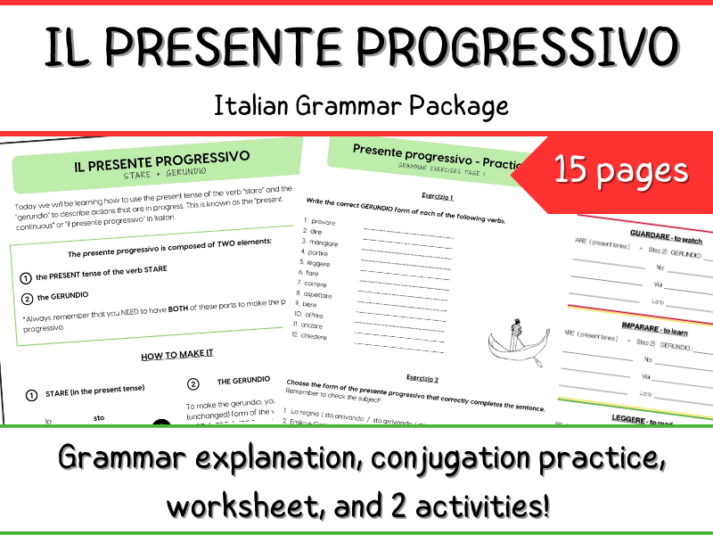 Italian Presente Progressivo Verbs - Worksheets + Reference + 2 Activities