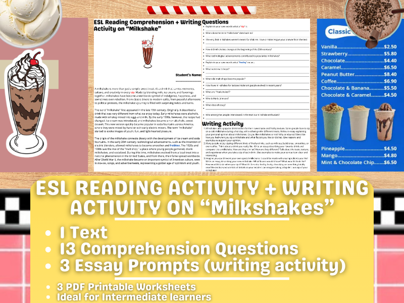ESL Reading Comprehension + Writing Activity Worksheets on "Milkshake"