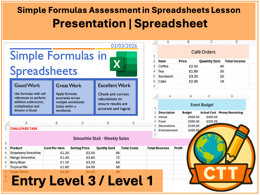 Entry Level 3 / Level 1 ICT – Excel Spreadsheets Simple Formulas Assessment Lesson