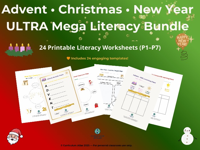 Advent, Christmas & New Year Literacy ULTRA Bundle | 24 Printable Worksheets (P1–P7)