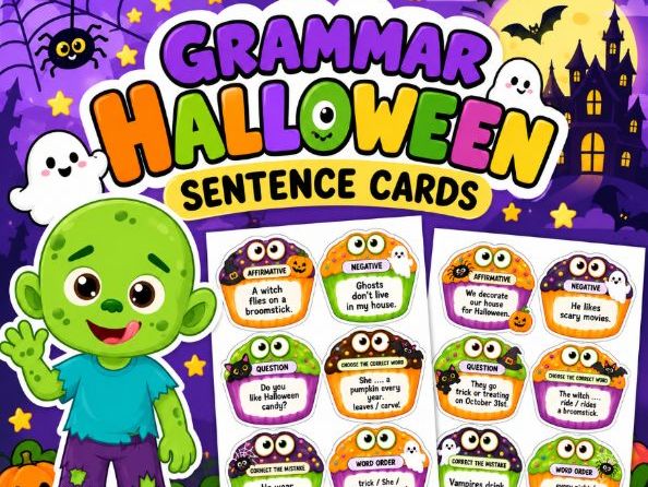Halloween Grammar Cupcakes | Present Simple Sentence Building & Task Cards