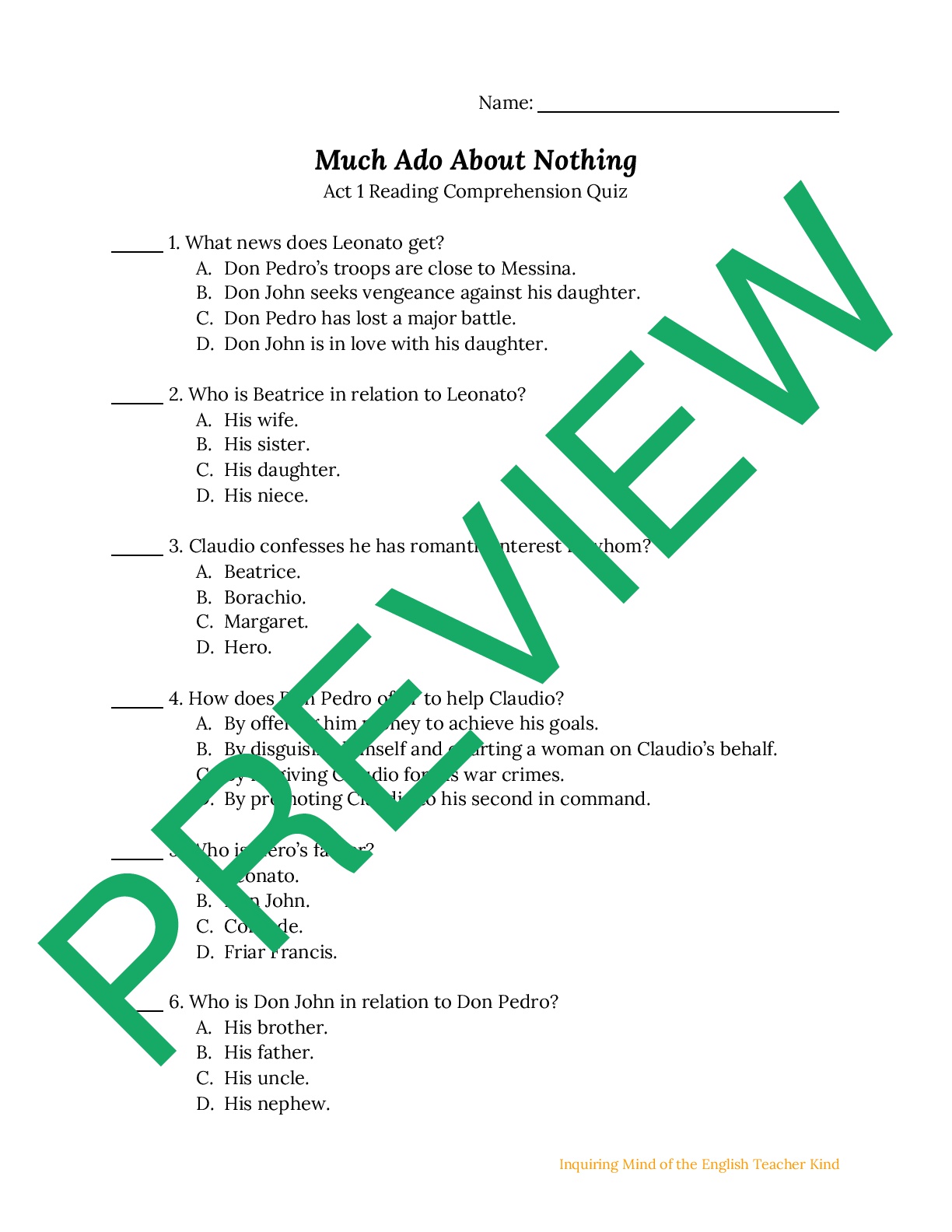 Much Ado About Nothing Quiz Key Act 1 Teaching Resources Much Ado About Nothing Quiz Key Act 1 Teaching Resources