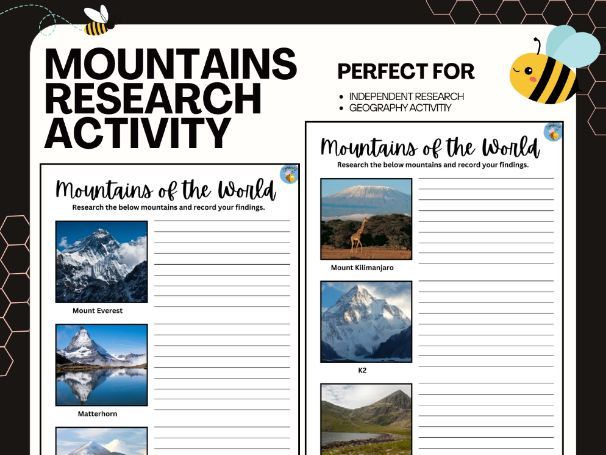 Mountain Research Project | Geography Worksheets | Famous Mountains | Print & Go PDFs