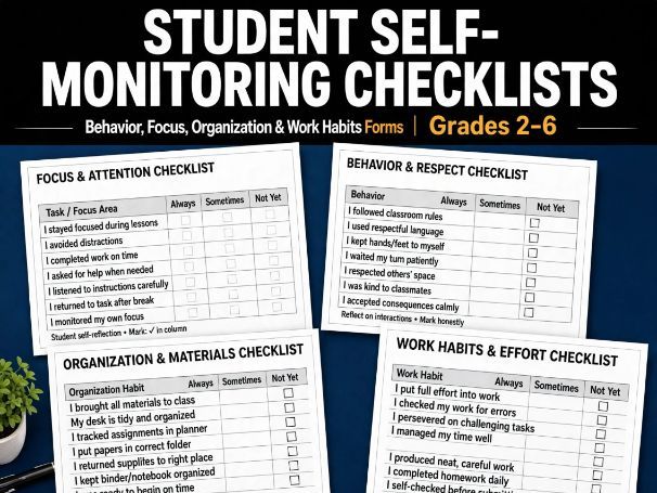 Student Self-Monitoring Checklists | Behavior, Focus, Organization & Work Habits | Grades 2–6