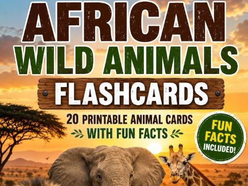 Wild Animals Flashcards | 20 African Printable Animal Cards with Fun Facts