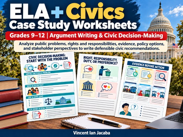 ELA + Civics Case Study Worksheets Grades 9–12 | Argument Writing & Civic Decision-Making