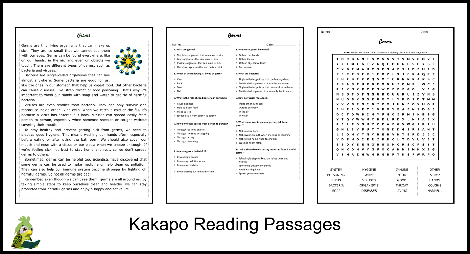 Germs Reading Comprehension and Word Search | Teaching Resources