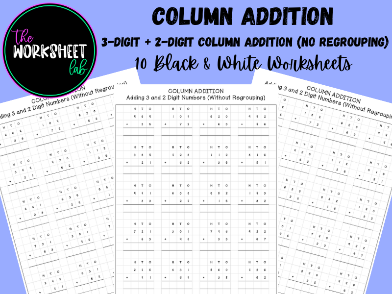 Addition: 3-Digit + 2-Digit Column Addition on Squared Paper (No Regrouping) B&W
