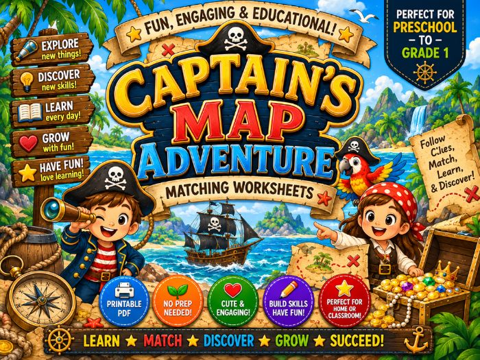 Pirate Matching Worksheets | Captain’s Map Adventure Activities | Preschool–Grade 1
