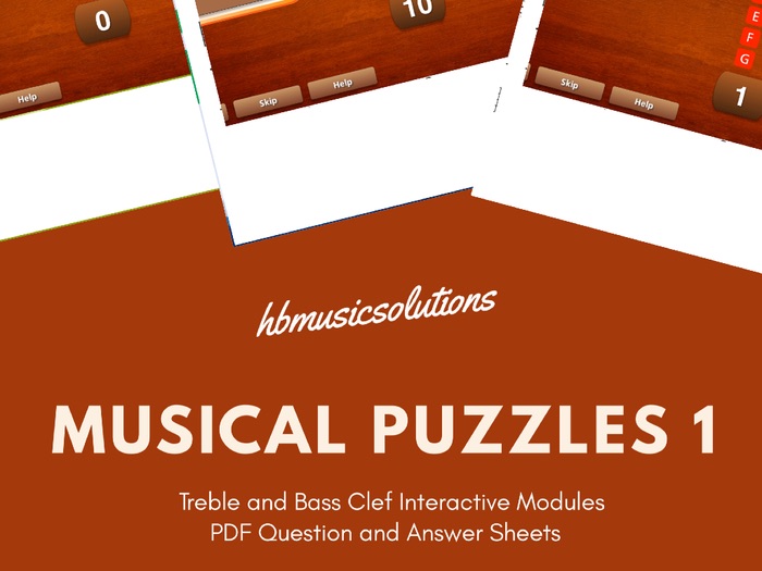 Musical Puzzles 1 Treble and Bass Clef Interactive Module and Worksheets.