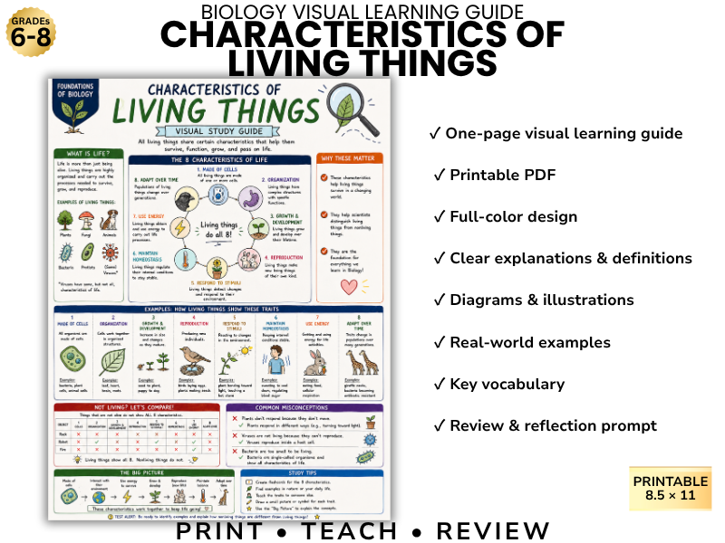 CHARACTERISTICS OF LIVING THINGS Biology Visual Learning Guide | Grade 8 & Middle School Science