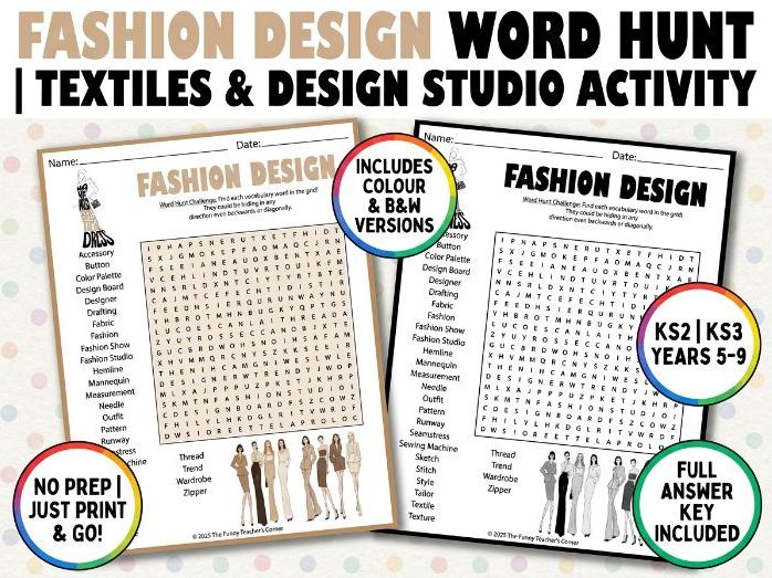Fashion Design Word Search | Textiles & Clothing Technology Activity | KS2 KS3 Years 5-9