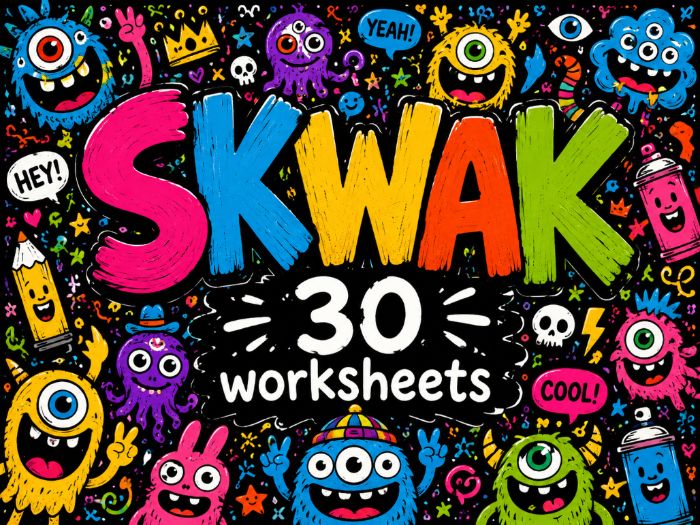 30 Skwak-Inspired Art Worksheets | Cartoon Character Drawing Activities | Graffiti, Monsters, Doodle