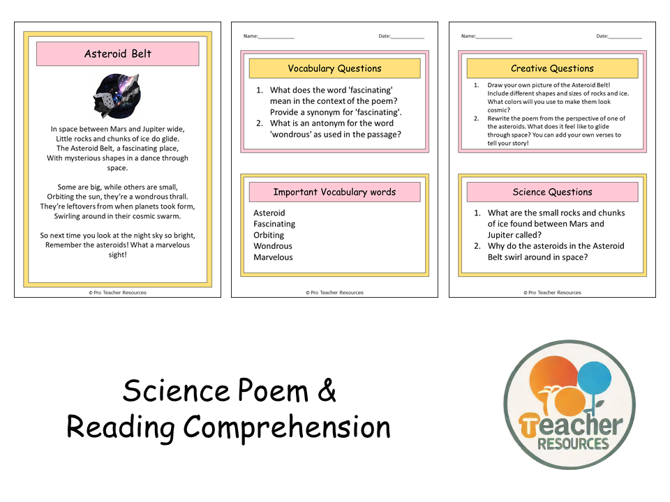 Asteroid Belt Poem Reading Comprehension Questions Worksheet | Teaching ...