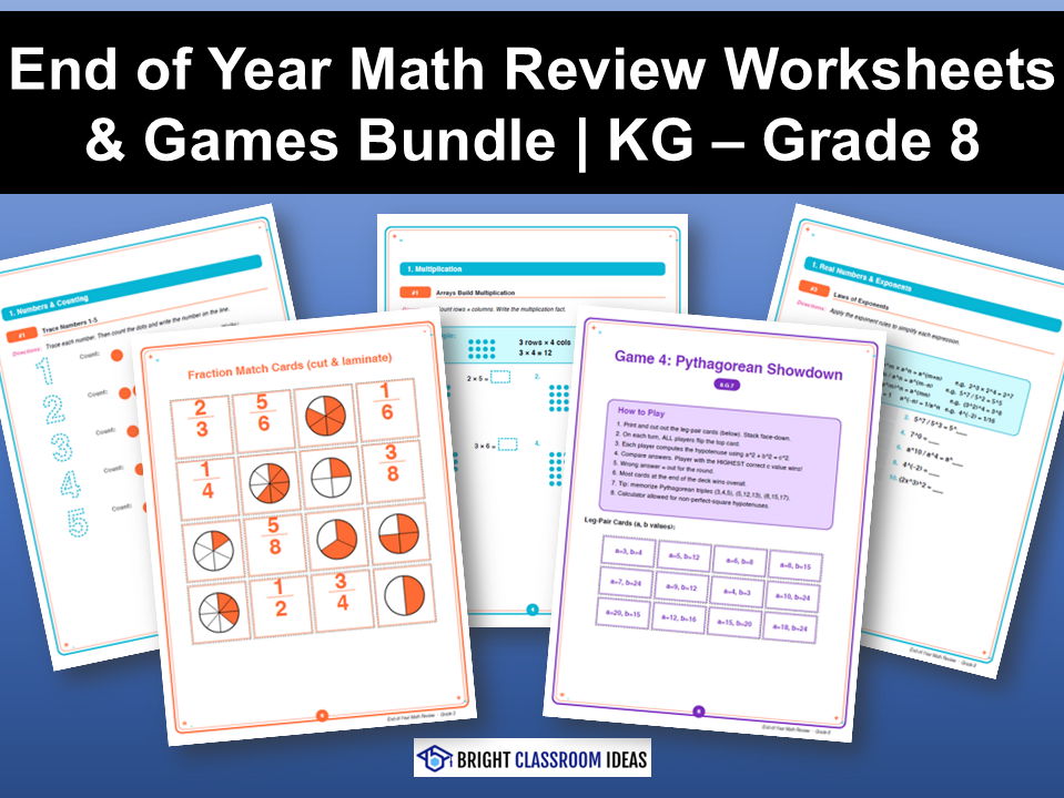 End of Year Math Review Worksheets & Games Bundle | KG - Grade 8