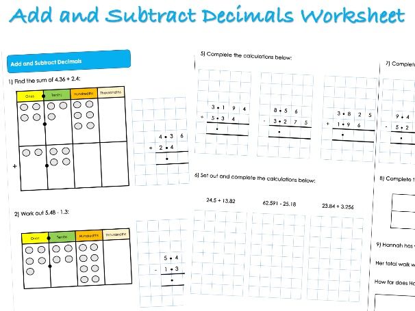 Decimals Worksheet - Add and Subtract Decimals