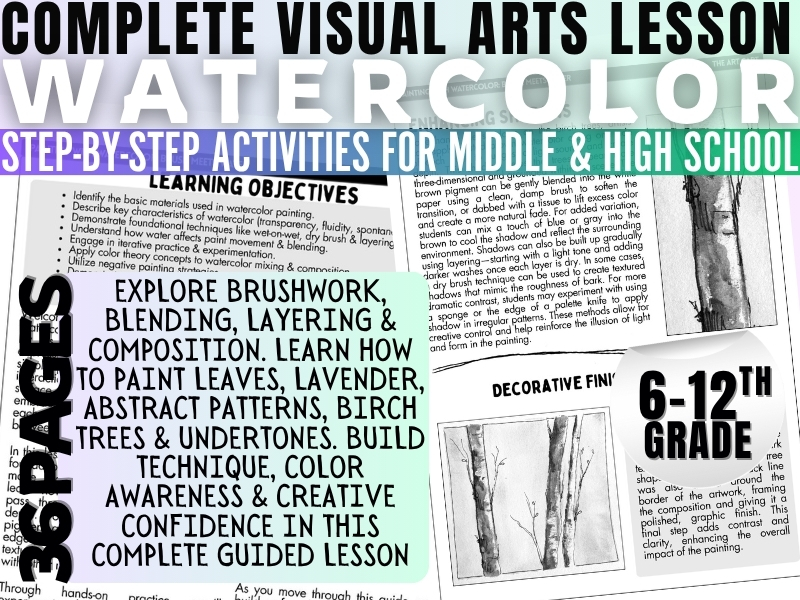 Intro Watercolor Painting, Visual Arts, guided practice lesson, tools techniques