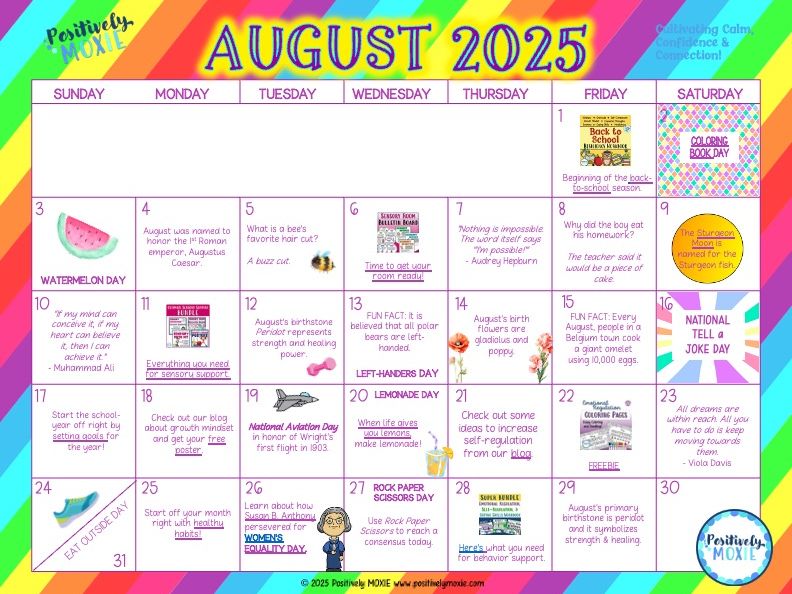 AUGUST 2025 Calendar by Positively MOXIE
