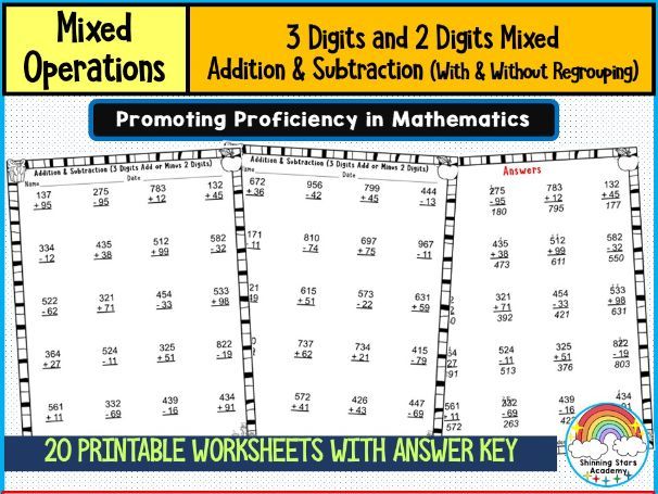 3-Digit and 2-Digit Mixed Addition & Subtraction (With & Without Regrouping) Worksheets | Practice R