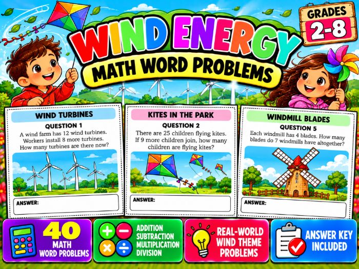 Math Hork Wind Energy Math Word Problems | 40 Problems & Answer Key | Grades 2–8 ...