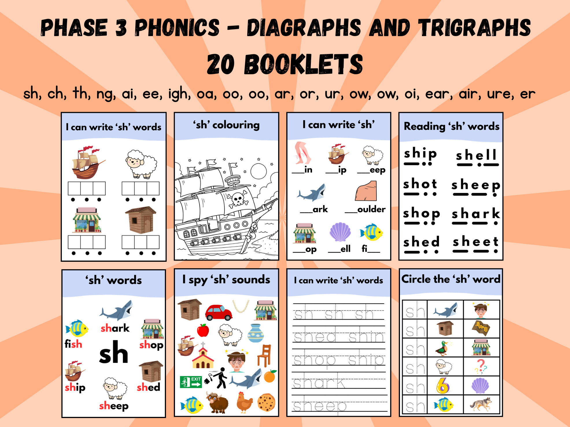 Phase 3 Phonics Digraph Workbook Bundle (20 Booklets)
