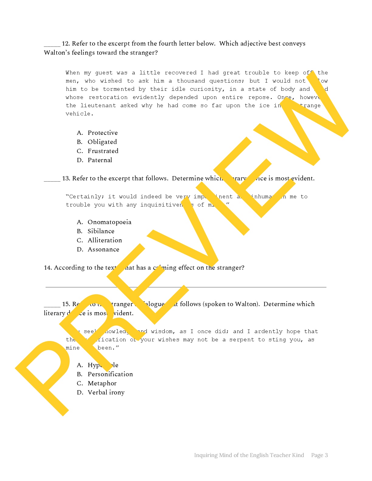 Frankenstein Close Reading Worksheet on Letters 14 Teaching Resources