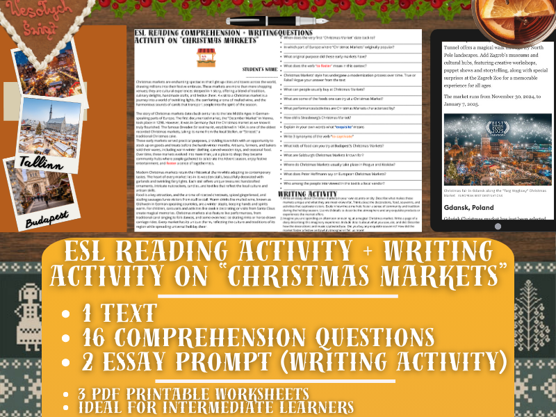 ESL Reading Comprehension + Writing Activity Worksheets on Christmas Markets