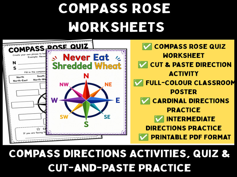 Compass Rose Worksheets & Poster | Cardinal & Intermediate Directions