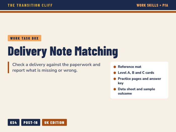 Delivery Note Matching Task Box: Checking Deliveries Against Paperwork for SEND Work Skills