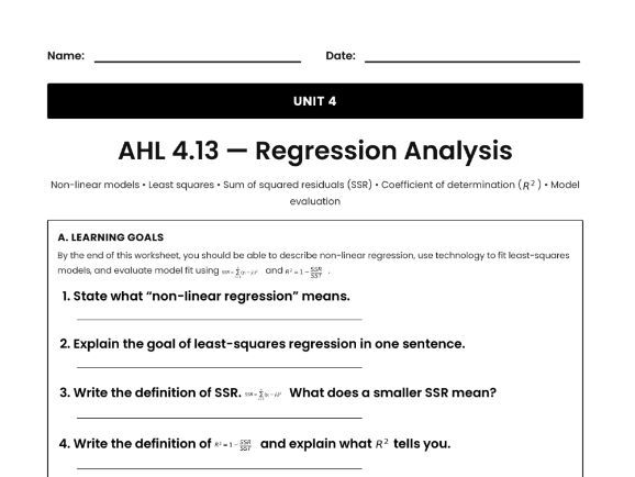 IB Math AI Worksheet AHL 4.13 - Regression Analysis