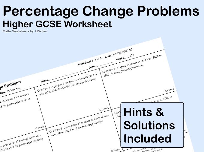 GCSE Maths Worksheet: Percentage Change Problems- Higher Tier