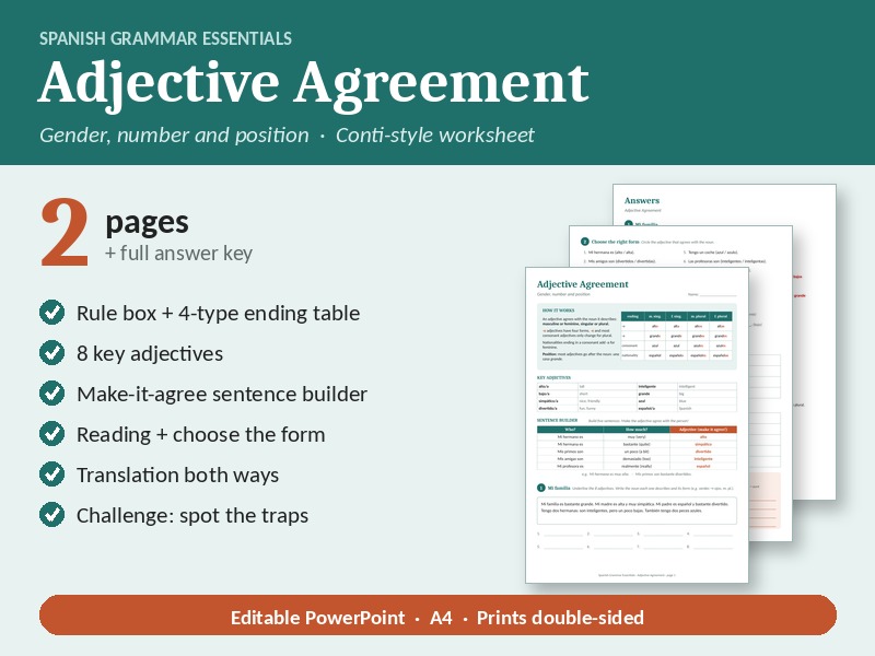 Spanish Adjective Agreement: Conti-Style Grammar Worksheet