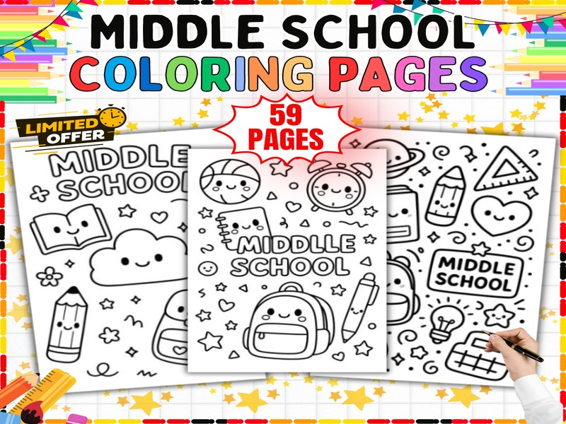 Middle School Coloring Pages | 59 Sheets | Back to School Doodles for Teens