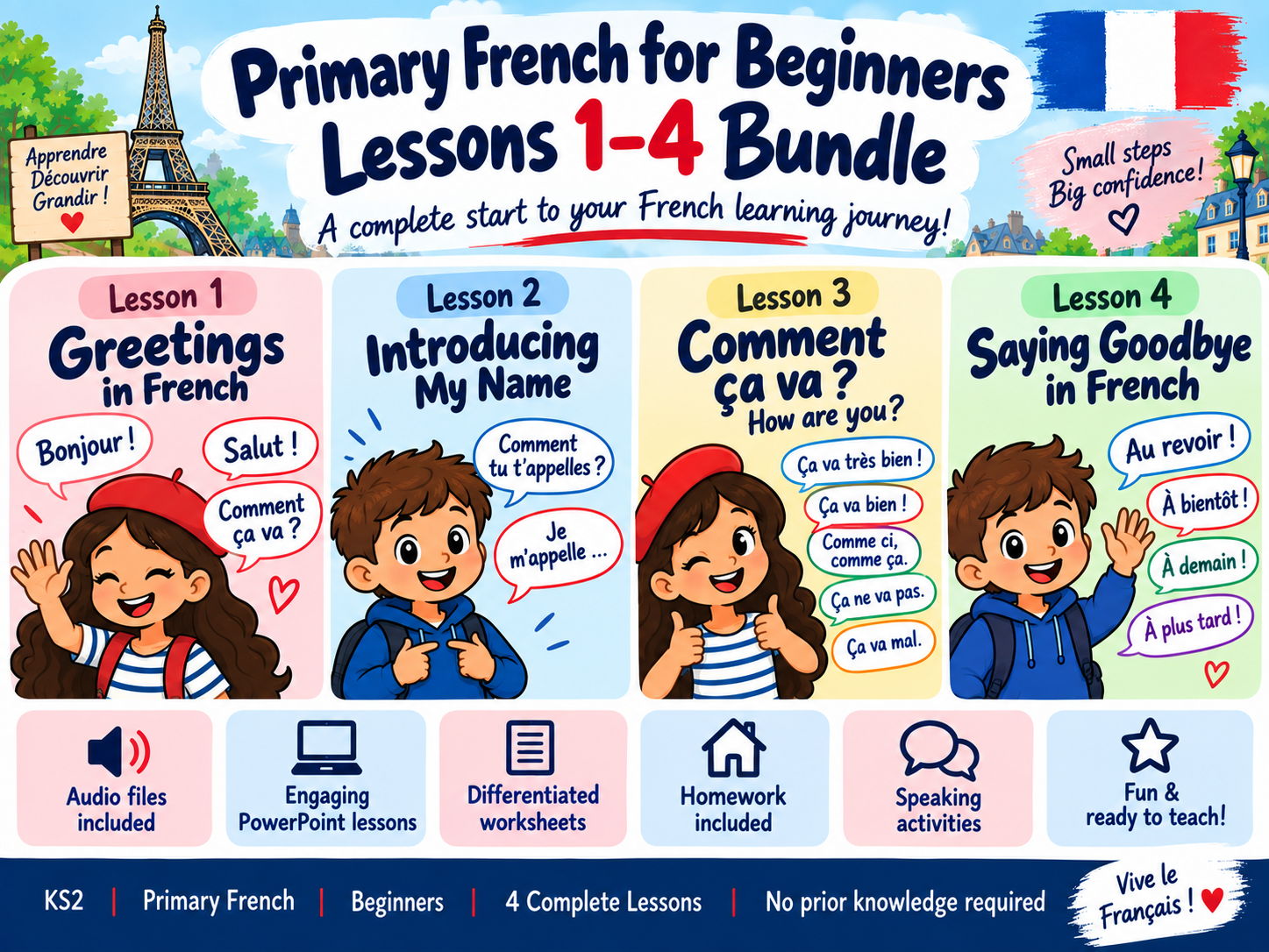 Primary French for Beginners Bundle | KS2 French Greetings | 4 Lessons + Audio