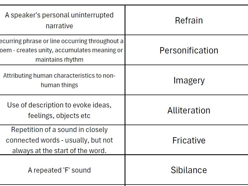 Poetry terminology matching activity