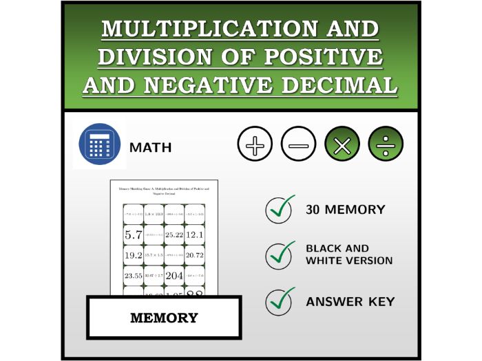 Memory Matching Game | Multiplication and Division of Positive and Negative Decimal | Math Activity