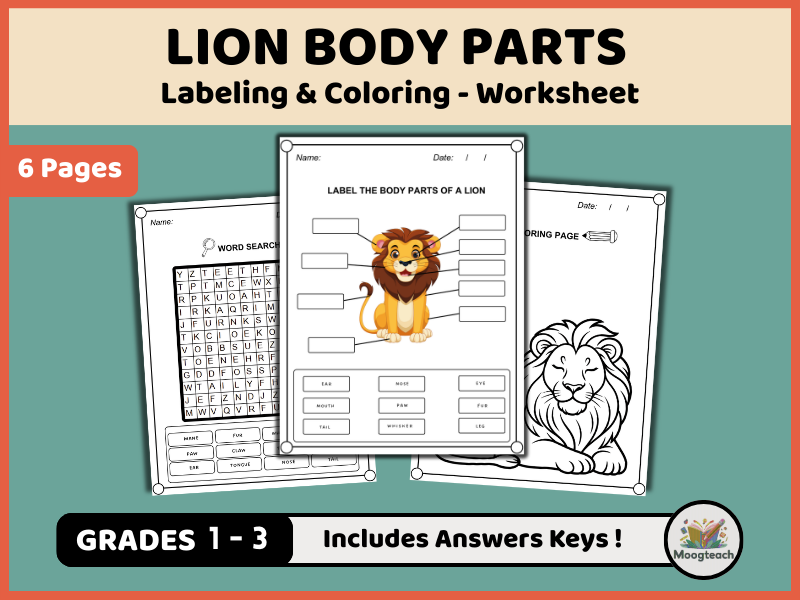 Lion Body Parts Worksheet Pack | Labeling, Coloring & Word Search Activities (K-2 Wildlife Vocabular
