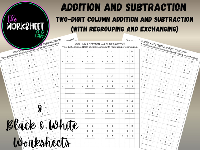 Two-Digit Column Addition/Subtraction on Squared Paper (With Regrouping & Exchanging) Worksheets