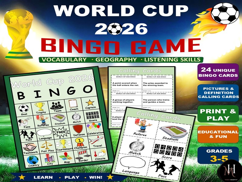 World Cup 2026 Bingo | 24 Unique Picture Bingo Cards | Geography & Vocabulary Game