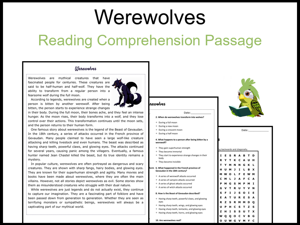 Werewolves Reading Comprehension and Word Search | Teaching Resources