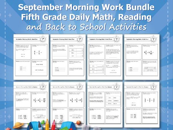 Fifth Grade Back to School September Themed Daily Review Morning Work | Reading | Math