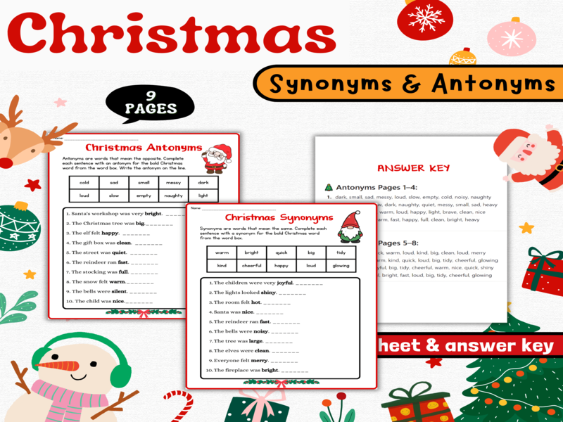 Christmas Synonyms & Antonyms Worksheets | 2nd–3rd Grammar Practice Activity