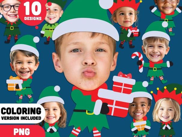 Elf Yourself Templates, Add Your Own Face Craft, Printable PDF + PNG, Coloring Version