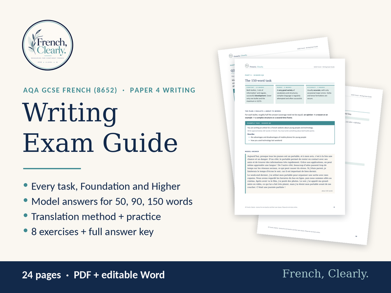 AQA GCSE French Writing Exam Guide (8652) – Translation, 50, 90 & 150 Words, Models & Exercises