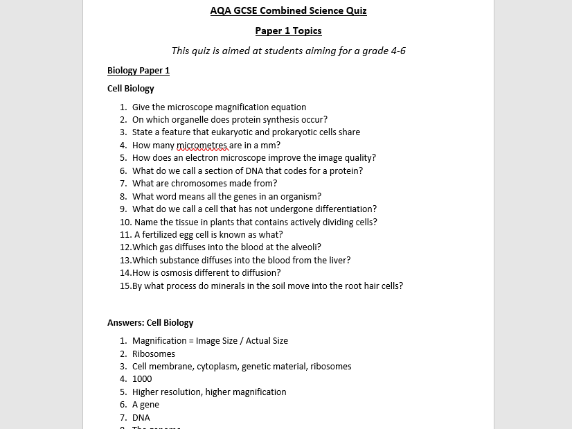 AQA GCSE Combined Science Quiz  Paper 1